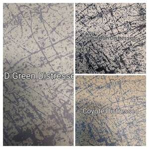 May include: Close-up of four fabric swatches with distressed patterns. The swatches are labeled "Desert Tan Distressed", "Coyote Distressed", and "OD Green Distressed".