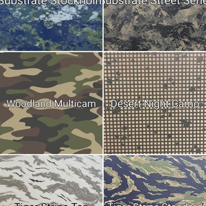 May include: A collage of six different camouflage patterns, including "Substrate Stockholm", "Substrate Street Series", "Woodland Multicam", "Desert Night Camo", "Tiger Stripe Tan", and "Tiger Stripe Standard".