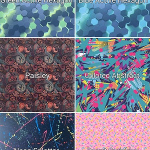 May include: A collage of 4x4 images showing different patterns. The top left image shows a green and blue hexagon pattern with the text "Green Active Hexagon". The top right image shows a blue hexagon pattern with the text "Blue Active Hexagon". The bottom left image shows a paisley pattern with the text "Paisley". The bottom right image shows a colorful abstract pattern with the text "Colored Abstract".