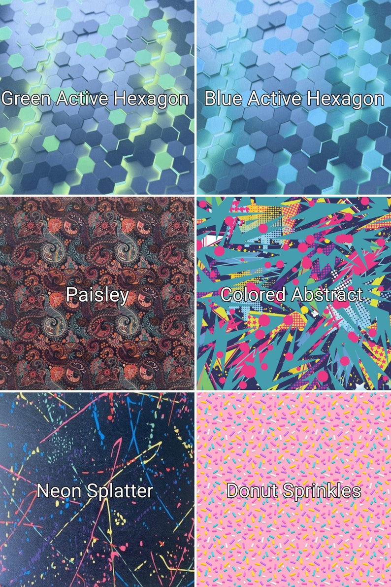 May include: A collage of 4x4 images showing different patterns. The top left image shows a green and blue hexagon pattern with the text "Green Active Hexagon". The top right image shows a blue hexagon pattern with the text "Blue Active Hexagon". The bottom left image shows a paisley pattern with the text "Paisley". The bottom right image shows a colorful abstract pattern with the text "Colored Abstract".