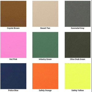 May include: A chart of 15 different colored swatches of leather. The colors are: Red, Blood Red, Chocolate Brown, Coyote Brown, Desert Tan, Gunmetal Gray, Hot Pink, Infantry Green, Olive Drab Green, Police Blue, Safety Orange, Safety Yellow, Zombie Green, Flat Dark Earth Fall, and Flat Dark Earth Spring.