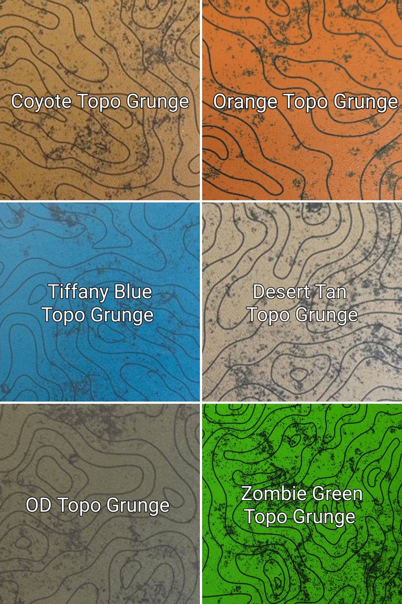 May include: Six different color variations of a topographic map pattern with a grunge effect. The colors are coyote, orange, tiffany blue, desert tan, OD green, and zombie green.