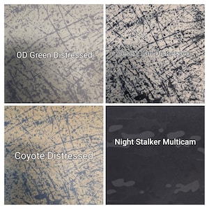 Puede incluir: Cuatro muestras de tela con patrones desgastados. La parte superior izquierda es OD Green Distressed, la superior derecha es Desert Tan Distressed, la inferior izquierda es Coyote Distressed y la inferior derecha es Night Stalker Multicam.