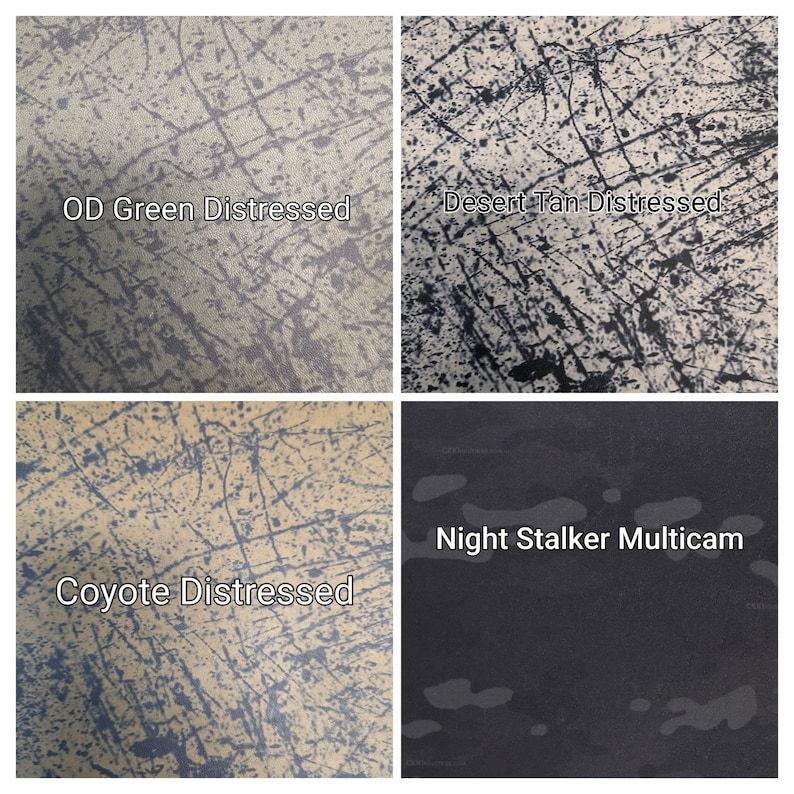 Puede incluir: Cuatro muestras de tela con patrones desgastados. La parte superior izquierda es OD Green Distressed, la superior derecha es Desert Tan Distressed, la inferior izquierda es Coyote Distressed y la inferior derecha es Night Stalker Multicam.