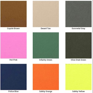 May include: A chart of 15 different colored swatches of leather. The colors are: Red, Blood Red, Chocolate Brown, Coyote Brown, Desert Tan, Gunmetal Gray, Hot Pink, Infantry Green, Olive Drab Green, Police Blue, Safety Orange, Safety Yellow, Zombie Green, Flat Dark Earth Fall, and Flat Dark Earth Spring.