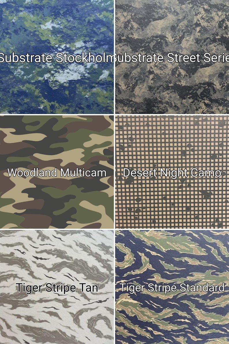 May include: A collage of six different camouflage patterns, including "Substrate Stockholm", "Substrate Street Series", "Woodland Multicam", "Desert Night Camo", "Tiger Stripe Tan", and "Tiger Stripe Standard".