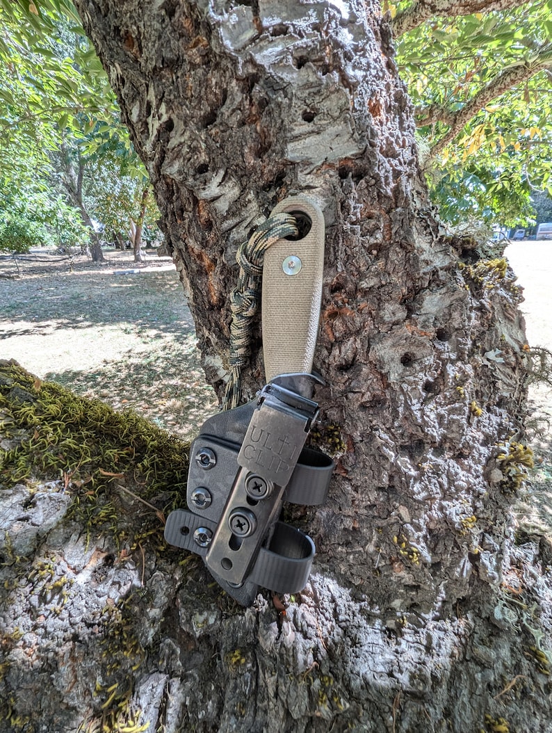 May include: A black leather knife sheath with a brown handle knife attached. The knife is secured to the sheath with a black clip. The sheath is attached to a tree trunk with a green and brown paracord.