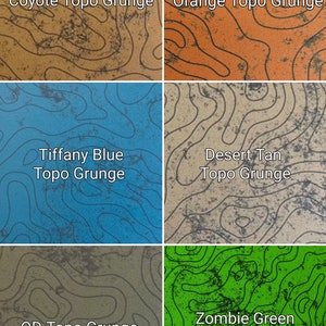 May include: Six different color variations of a topographic map pattern with a grunge effect. The colors are coyote, orange, tiffany blue, desert tan, OD green, and zombie green.