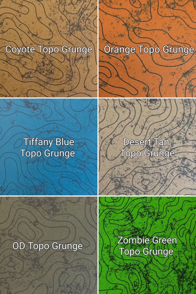 May include: Six different color variations of a topographic map pattern with a grunge effect. The colors are coyote, orange, tiffany blue, desert tan, OD green, and zombie green.