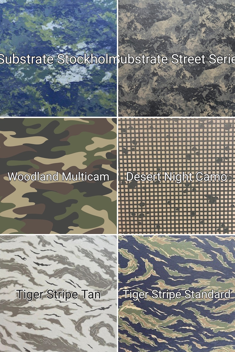 May include: A collage of six different camouflage patterns, including "Substrate Stockholm", "Substrate Street Series", "Woodland Multicam", "Desert Night Camo", "Tiger Stripe Tan", and "Tiger Stripe Standard".