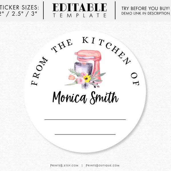Editable sticker template, pink stand mixer with flowers, from the kitchen of labels for baked goods, cupcakes, edit all (51-02)