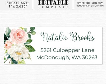 Editable address label template, blush pink and white flowers, envelope stickers (C01-12)