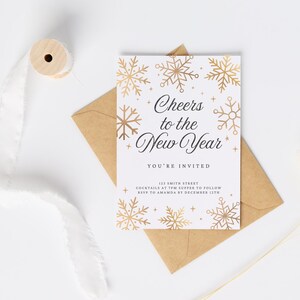 Printable Gold Snowflake New Year&#39;s Eve Party Invitation, Happy New Year Invite, New Years Printables, Cheers New Years Party invitations,