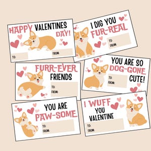 Cartes imprimables de Saint-Valentin Corgi mignon, Saint-Valentin Corgi, Cartes de Saint-Valentin école de chien de dessin animé, Saint-Valentin enfants Corgi, Étiquettes de la Saint-Valentin