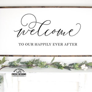 Bienvenido a nuestro happily ever after svg, signo de boda svg, compromiso svg, amor svg, matrimonio svg, archivos svg, archivos cortados, png, dxf,