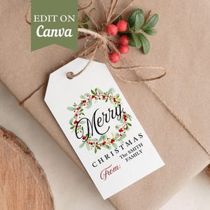 Printable Christmas Gift Tag Template, Christmas Wreath Custom Favor Tags, Gift Tag From Family, Editable Merry Christmas Tag, Personalized