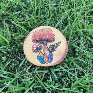Woodburned Pyrography Mystical Magic Mushroom Crystal Amanita cottagecore fairycore tarot witchy live edge wood slice art decor
