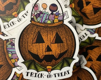 Vintage Spooky Halloween Jack o Lantern Trick or Treat Basket Pegatina de vinilo resistente al agua