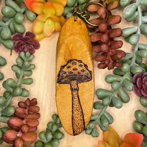 Woodburned Pyrography Cottagecore Witchy Mushroom Keychain, Valentine’s Day Gift, Wood Keychain, Amanita Mushroom Charm Jewelry