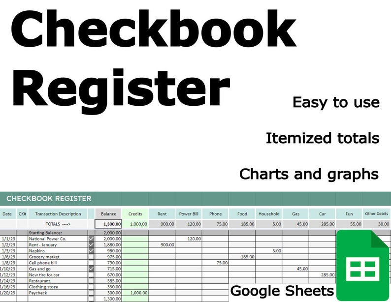 Digital Checkbook Register / Ledger, Includes Charts Google Sheets