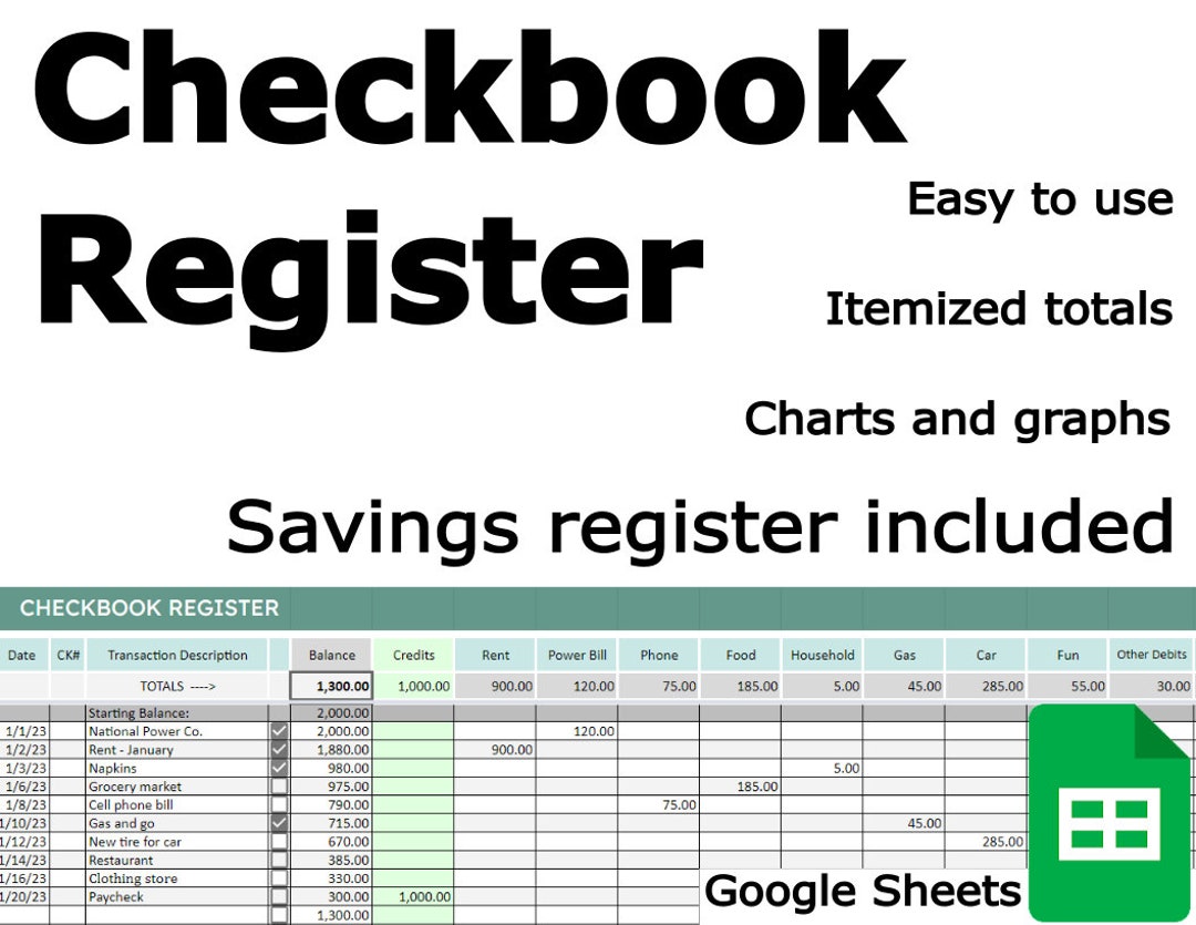 Digital Checkbook Register / Ledger, Includes Savings, Charts, Google ...