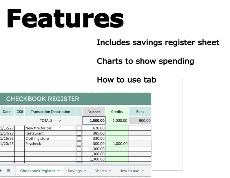 Digital Checkbook Register / Ledger, Includes Savings, Charts, Google