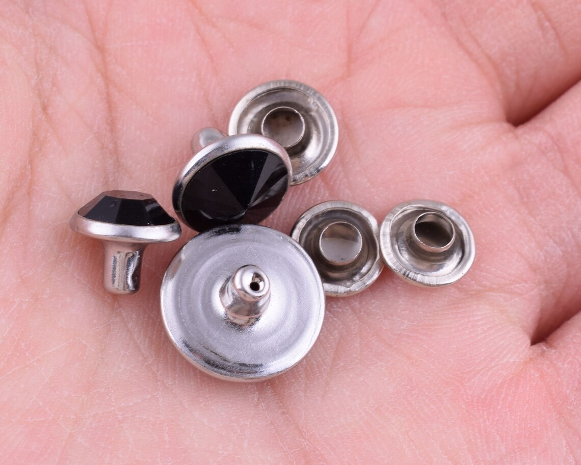 Glass Rhinestone Rivets Leather Rapid Rivets Black Double Cap Etsy