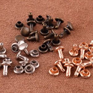 May include: Assortment of metal rivets in three colors: silver, gold, and bronze. The rivets are arranged in three groups on a brown leather surface.