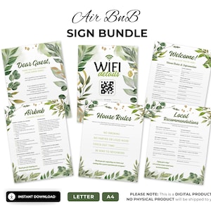 May include: A set of printable signs for an Airbnb rental. The signs feature a green and gold watercolour design with text that includes "Dear Guest", "Airbnb", "WIFI details", "House Rules", "Welcome", and "Local Recommendations".