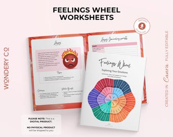 Feelings Wheel Canva Template | Emotions Wheel Workbook Printable for Therapy Tools & Mental Health Regulation