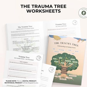 Könnte beinhalten: Ein Satz druckbarer Arbeitsblätter mit dem Titel "The Trauma Tree" mit einer farbenfrohen Illustration eines Baumes mit Ästen und Blättern. Die Arbeitsblätter sollen helfen, Trauma zu verstehen und zu heilen. Der Text "Erstellt in Canva Vollständig editierbar" ist auf der rechten Seite des Bildes sichtbar.