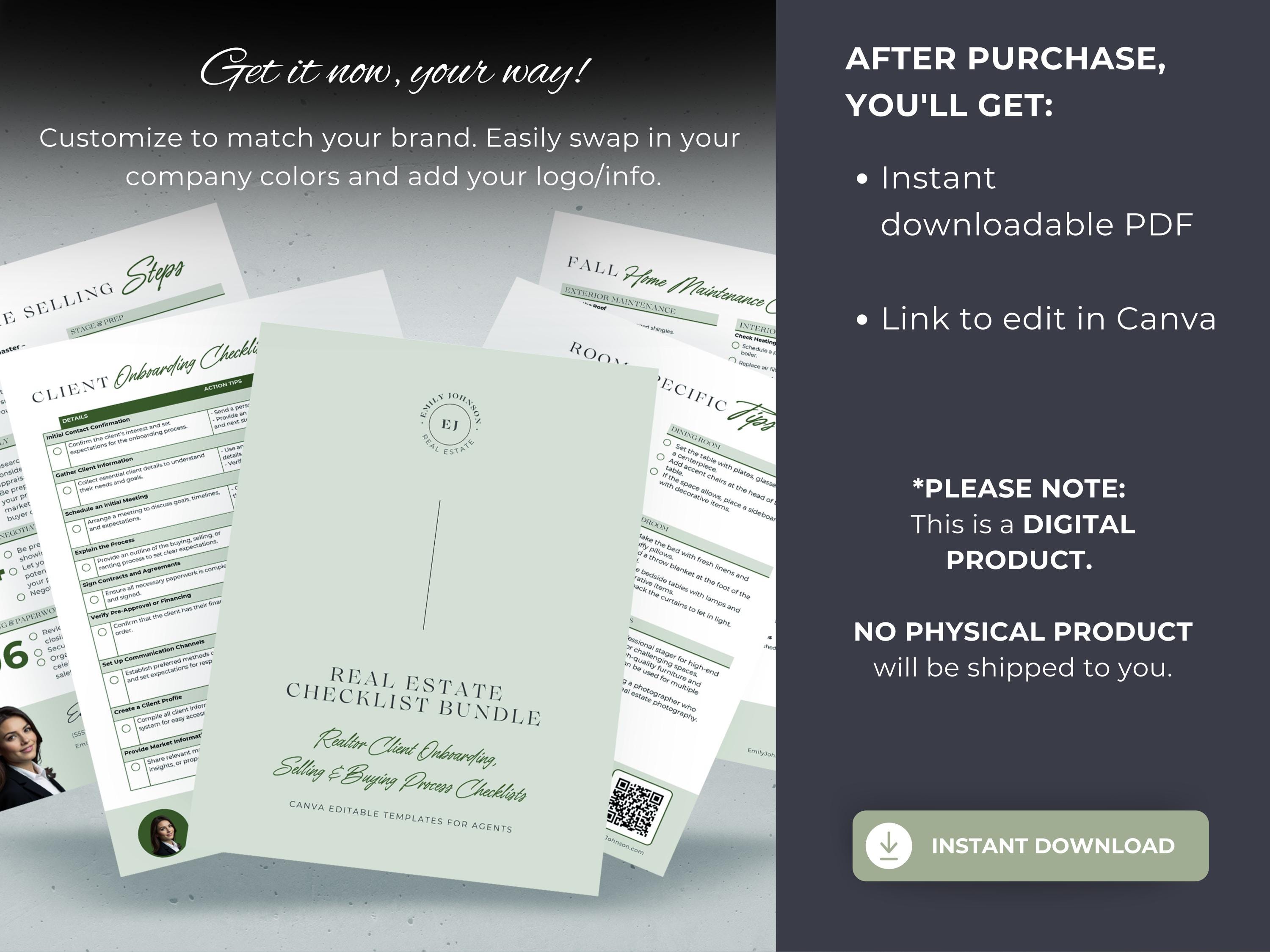Real Estate Checklist Template Bundle: Realtor Branding, Pre-listing ...