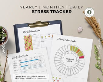 Stress & Mood Tracker: Anxiety Journal, Daily Habit Tracker (Canva Template)