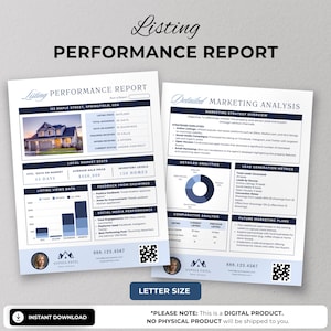 May include: A blue and white performance report template for real estate agents. The report includes a detailed marketing analysis, local market stats, listing views data, feedback from showings, and social media performance. The report is fully editable in Canva.