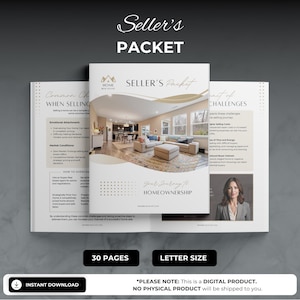 May include: A digital product guide for sellers, titled "Seller's Packet". The guide is 30 pages long and includes information on common challenges when selling a home, how to overcome them, and tips for homeownership. The guide is designed to be edited in Canva.