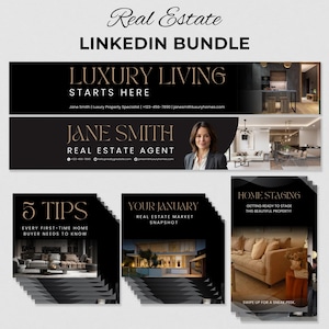 May include: A set of black and gold social media graphics for real estate agents. The graphics feature images of luxury homes and text that says "Luxury Living Starts Here", "Jane Smith Real Estate Agent", "5 Tips Every First-Time Home Buyer Needs to Know", "Your January Real Estate Market Snapshot", and "Home Staging Getting Ready to Stage This Beautiful Property".