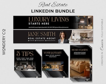 Kit de modelos do LinkedIn Canva para profissionais imobiliários | Design de luxo moderno e gráficos personalizáveis