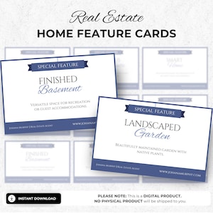 May include: A set of eight printable real estate home feature cards. The cards are white with blue text and a blue ribbon. The cards feature the text "Special Feature" and a description of a home feature, such as "Finished Basement" or "Landscaped Garden". The cards are designed to be used by real estate agents to highlight the features of a home.