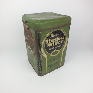 Larger antique tin can Riebel&#39;s cough suppressant, green sales tin, vintage lid tin, gift for her, gift for him