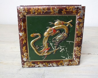 antike Huntley & Palmers Blechdose Dragon von 1907, vintage Deckel Dose, Geschenk für Frauen oder Männer, Dekoration Werbedose