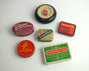 1x antike vintage Blechdose, Atlantic Vaseline, Chlorophyll'chen, 1a Isolierband, Trachitol, Sodener Pastillen, Gute Fahrt