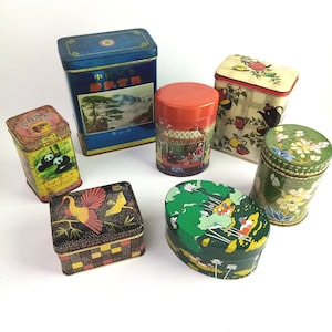 Vintage collector&#39;s tin for tea or coffee, lidded tin for teapot/baking/Asian style, home decoration