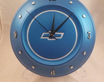 Old Chevy hubcap clock, Beautiful Blue with silver and black detail