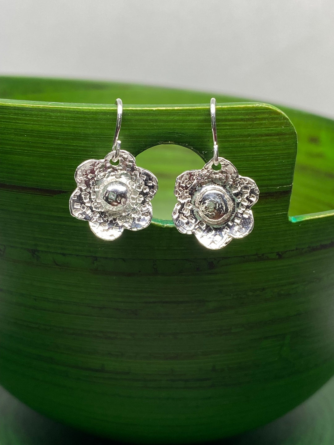 silver flower drop earrings