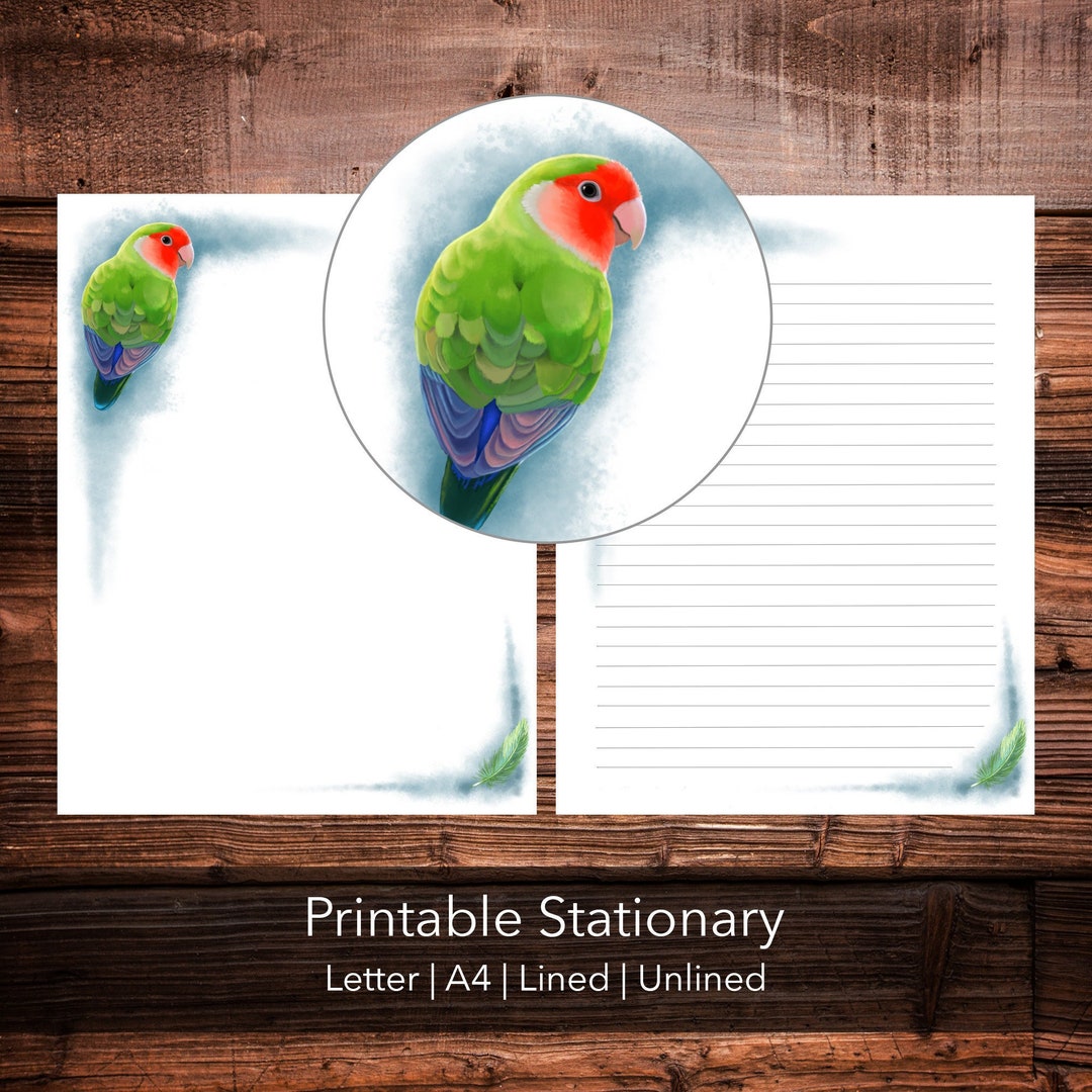 Printable Stationery Paper Lovebird Parrot 8.5x11, A4 Letter Writing Digital Download Lined ...