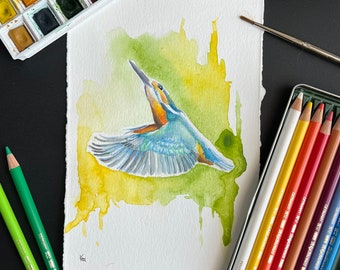 Original Watercolor Kingfisher Bird Painting | Hand Painted Artwork