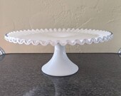 Stunning Vintage Fenton Silver Crest Milk Glass Cake Stand, Mid-century design