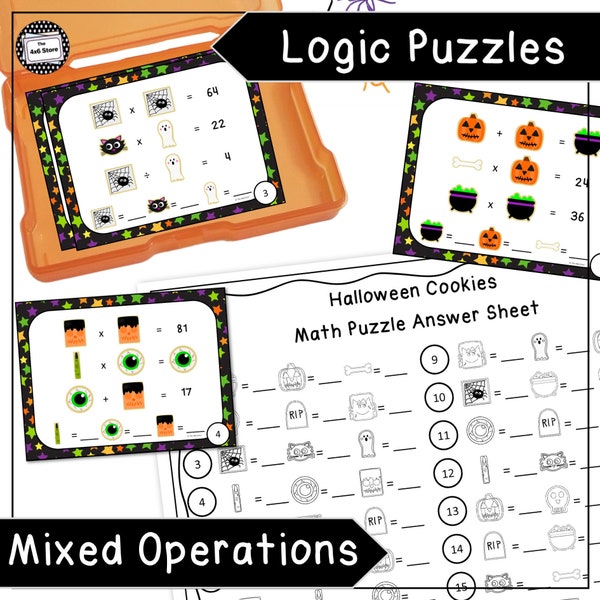 Digital: Halloween Math Logic Puzzle Enrichment Activity Mixed Facts Task Cards