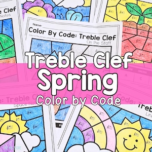 以下が含まれることがあります： 春をテーマにした、ト音記号の音符を使った「カラーバイコード」ワークシートのコレクション。ワークシートには、花、虹、笑顔の太陽など、さまざまなカラフルなイラストが描かれています。「Treble Clef Spring Color by Code」の文字が大きく表示されています。