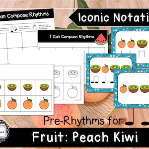 Puede incluir: Un conjunto de recursos educativos imprimibles para enseñar ritmo usando iconos de frutas. El conjunto incluye una página de título con el texto "Notación icónica", "Pre-ritmos para frutas: melocotón kiwi", y un conjunto de tarjetas imprimibles con iconos de melocotón y kiwi.